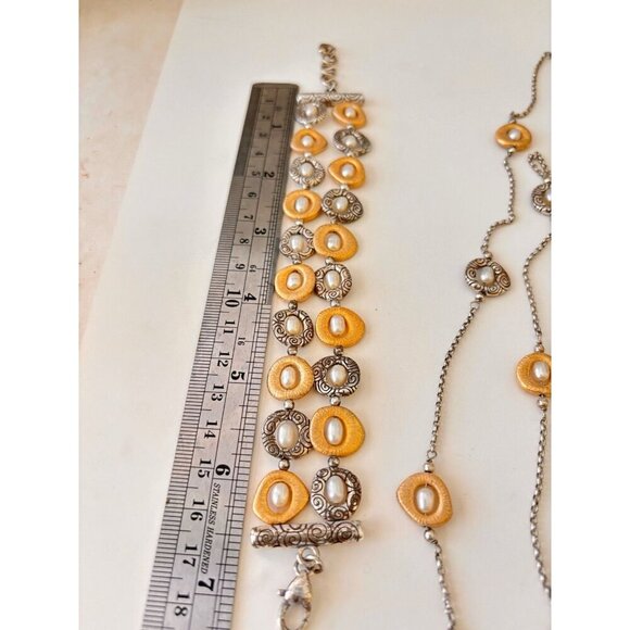 Brighton Satori Brushed Gold Silver Pearl Bracelet and Long Necklace Set VTG. - Picture 2 of 4
